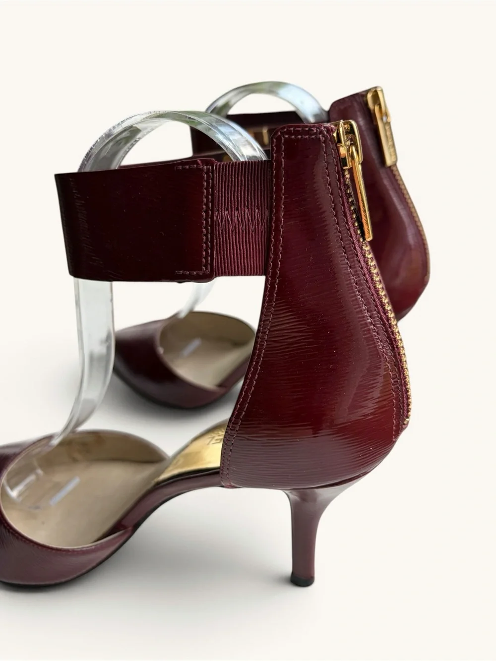Michael Kors Burgundy Pointed-Toe Ankle-Strap Heels with Gold Accent